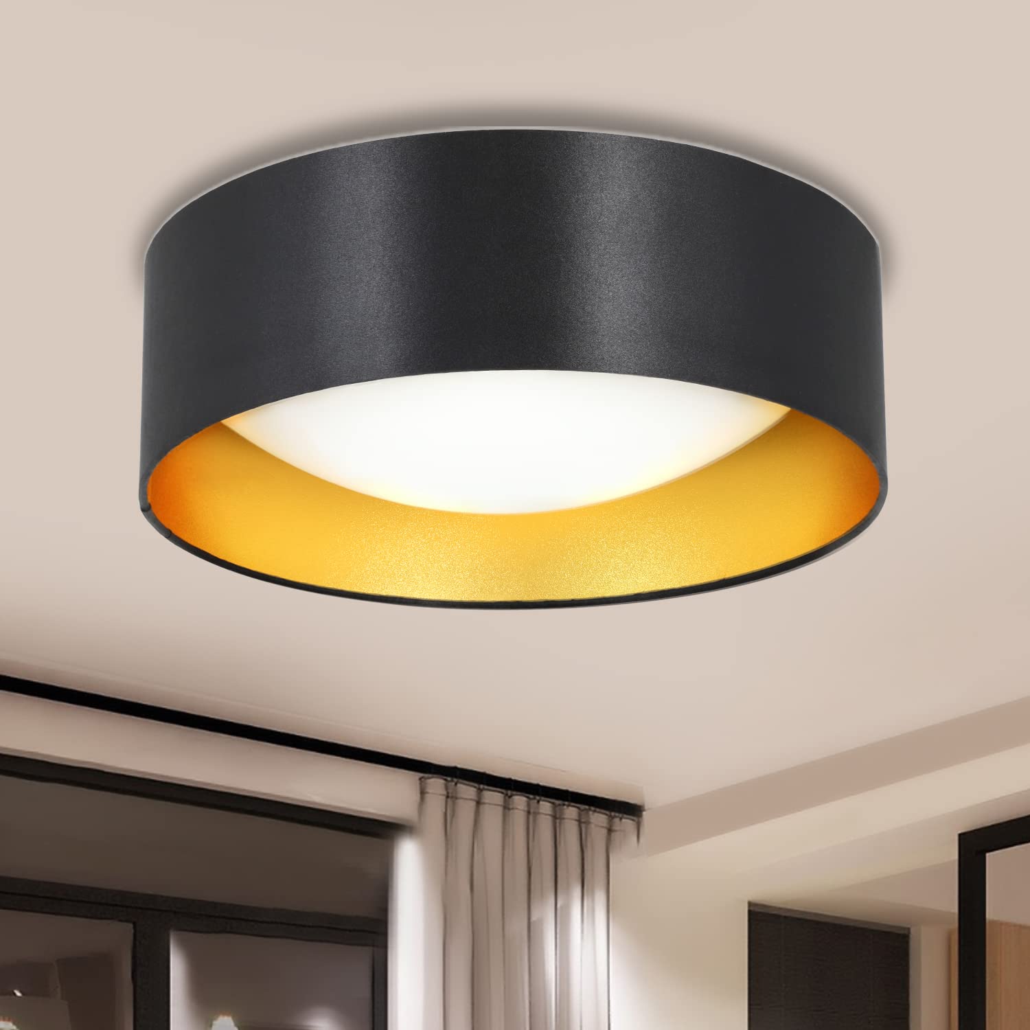 Depuley LED Flush Mount Ceiling Light, Modern Ceiling Light Fixture, 18W 5000K Fabric Ceiling Lamp with Matte Black and Gold Inside lampshade, 33CM Lighting Fixtures Ceiling for Bedroom and Hallway — image 1
