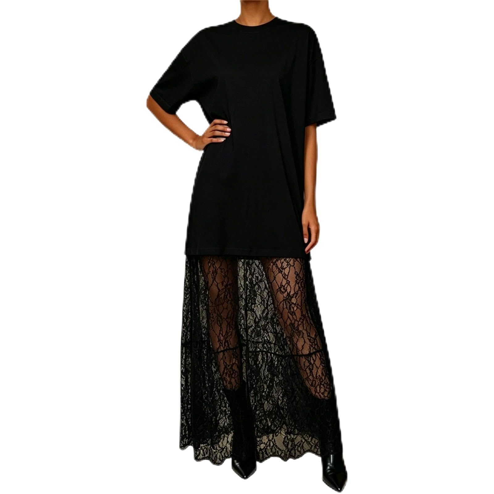 Vestido Informal de Encaje de Manga Larga, Corte Holgado, Estilo Bohemio Veraniego, Ideal para la Playa.