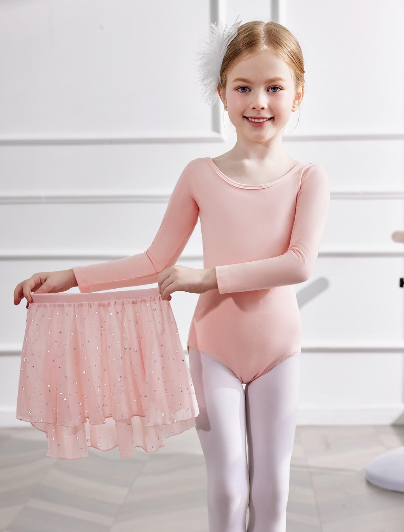 Arshiner Vêtements de Ballet pour Filles de 2 à 10 Ans Robe de Ballet à Manches Longues Deux Pièces en Coton Robe de Danse Dos Nu Justaucorps de Ballet avec Tutu Justaucorps de Danse