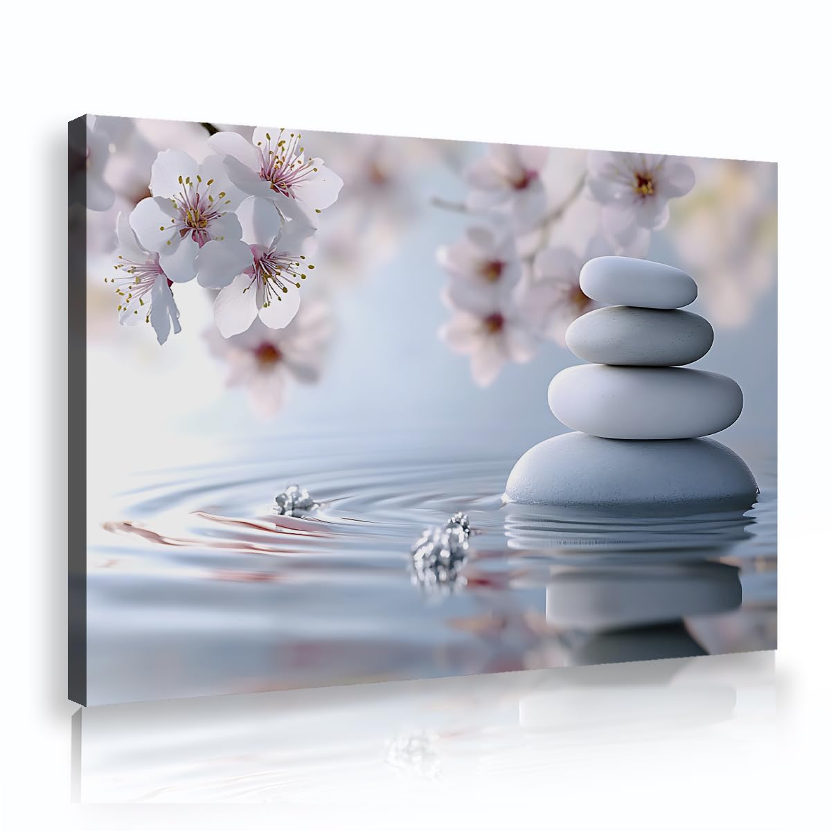 Via Vela Spa Bathroom Framed Canvas Art, Zen White Stones Cherry Blossoms Picture Wall Decor, Water Drops Landscape Painting, Nature Poster Prints 70x110cm