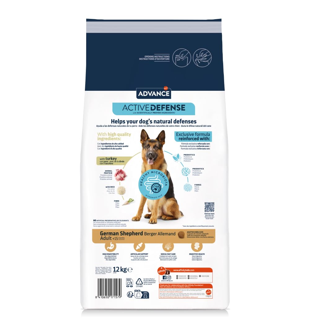 ADVANCE Cane GERMAN SHEPHERD 12kg gusto Tacchino | alimento secco completo dietetico per cani di razza Pastore tedesco, 1 confezione da 12kg.