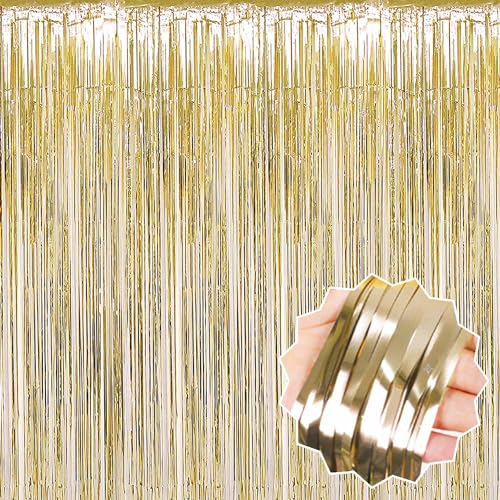 Image of 3 Pack Light Gold Foil Fringe Curtains Backdrop, 3.28 x 9.8 Ft Metallic Streamers Tinsel Curtains Background for Photo Booth, Birthday, Halloween, Christmas, Thanksgiving, New Year Party Decorations
