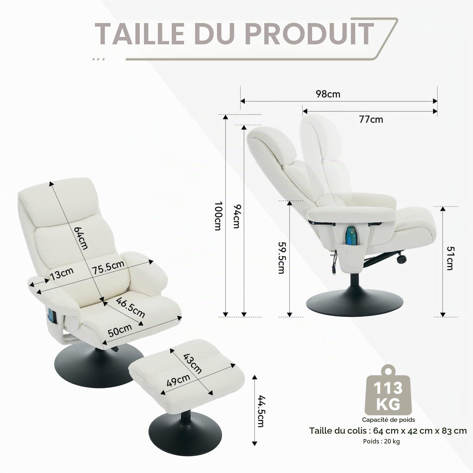 Sweiko Fauteuil de Massage Pivotant à 360° avec Fonction Inclinable et Chauffante, Fauteuil TV Relax avec Repose-Pieds, Revêtement en PU (White + Chenille + Foam)