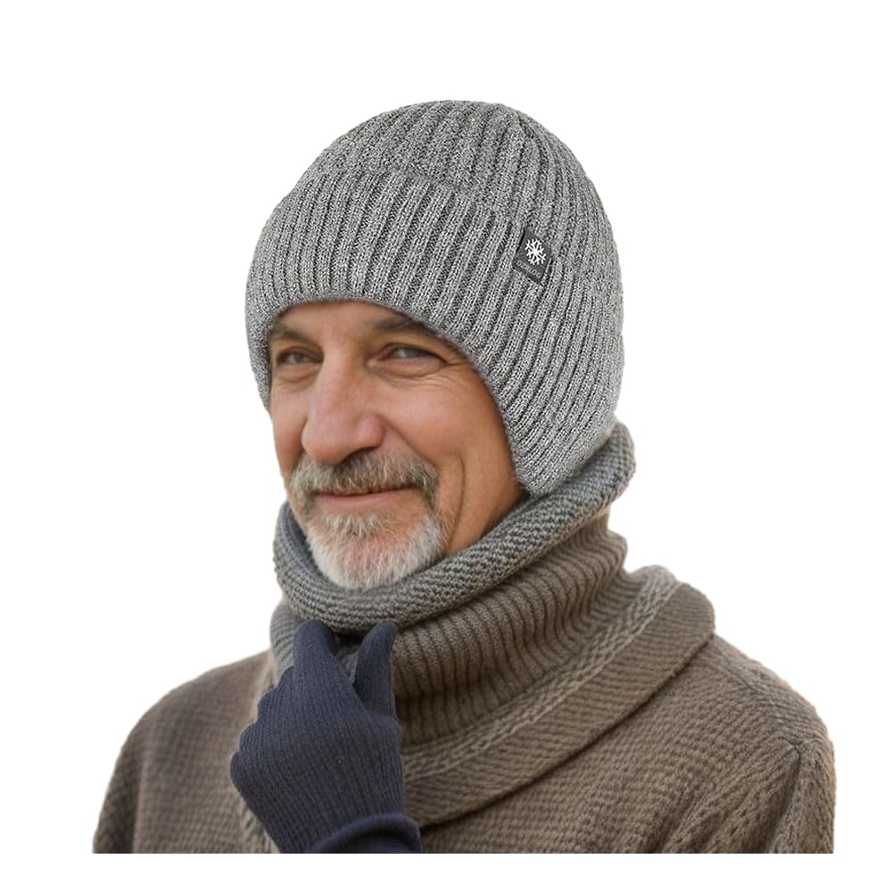 BaronHong Mens Winter Hat Knit Earflap Hat Stocking Caps with Ears Beanie Hat(LightGray-Beanie,M)