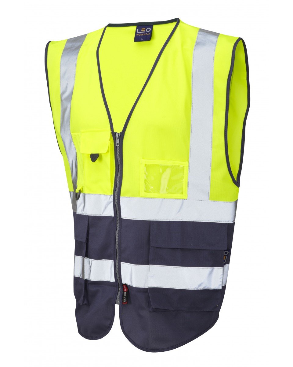 Leo Workwear Lynton W11 Dual Colour Hi-Vis Class 1 Multi-pocket Superior Waistcoat, 6XL, Yellow-Navy