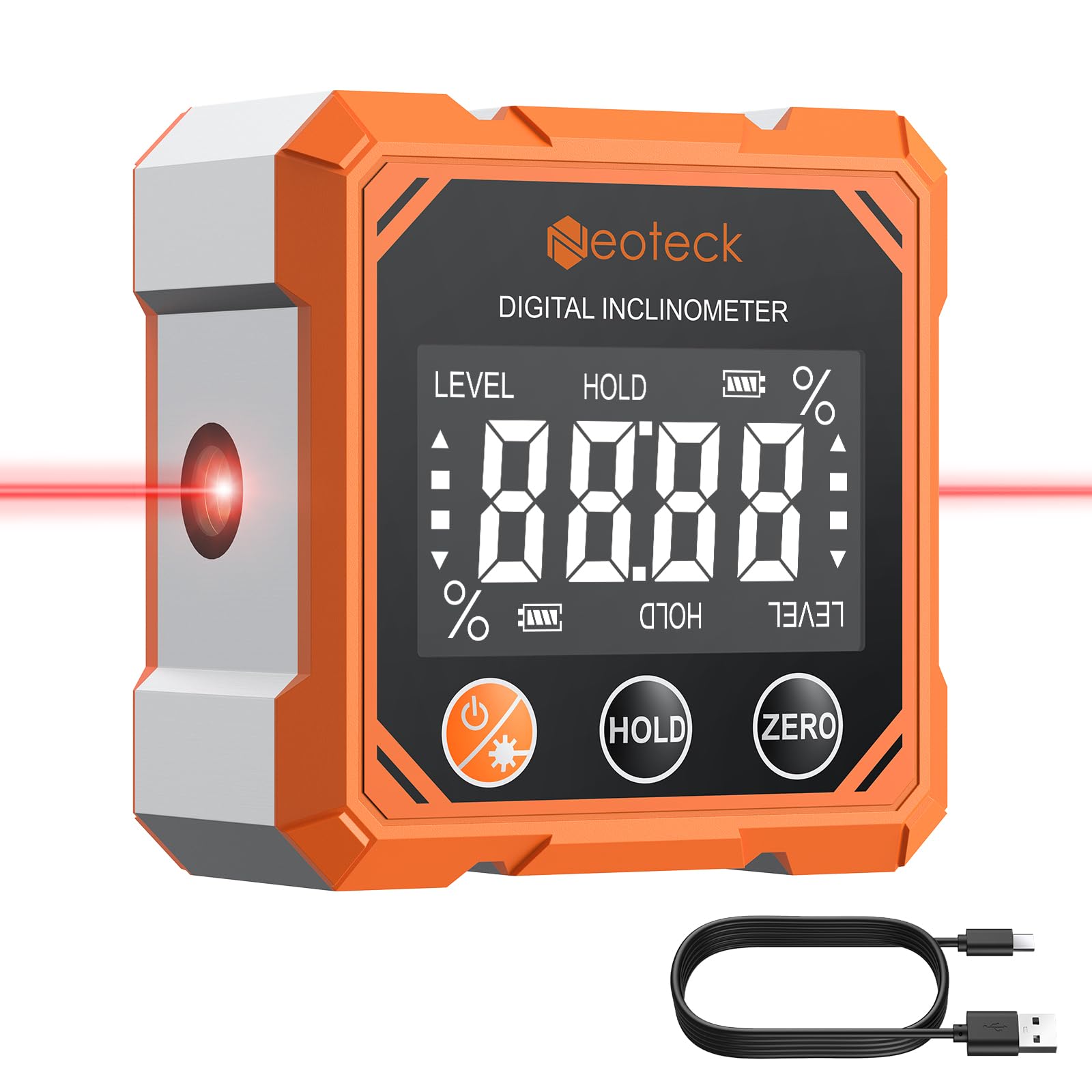 Neoteck 4-Side Magnetic Digital Angle Finder with Laser (Class 2,<1mW Output) 4x90°Angle Finder Tool Rechargeable Digital Angle Gauge with Backlight Screen Laser Level for Construction Decorations