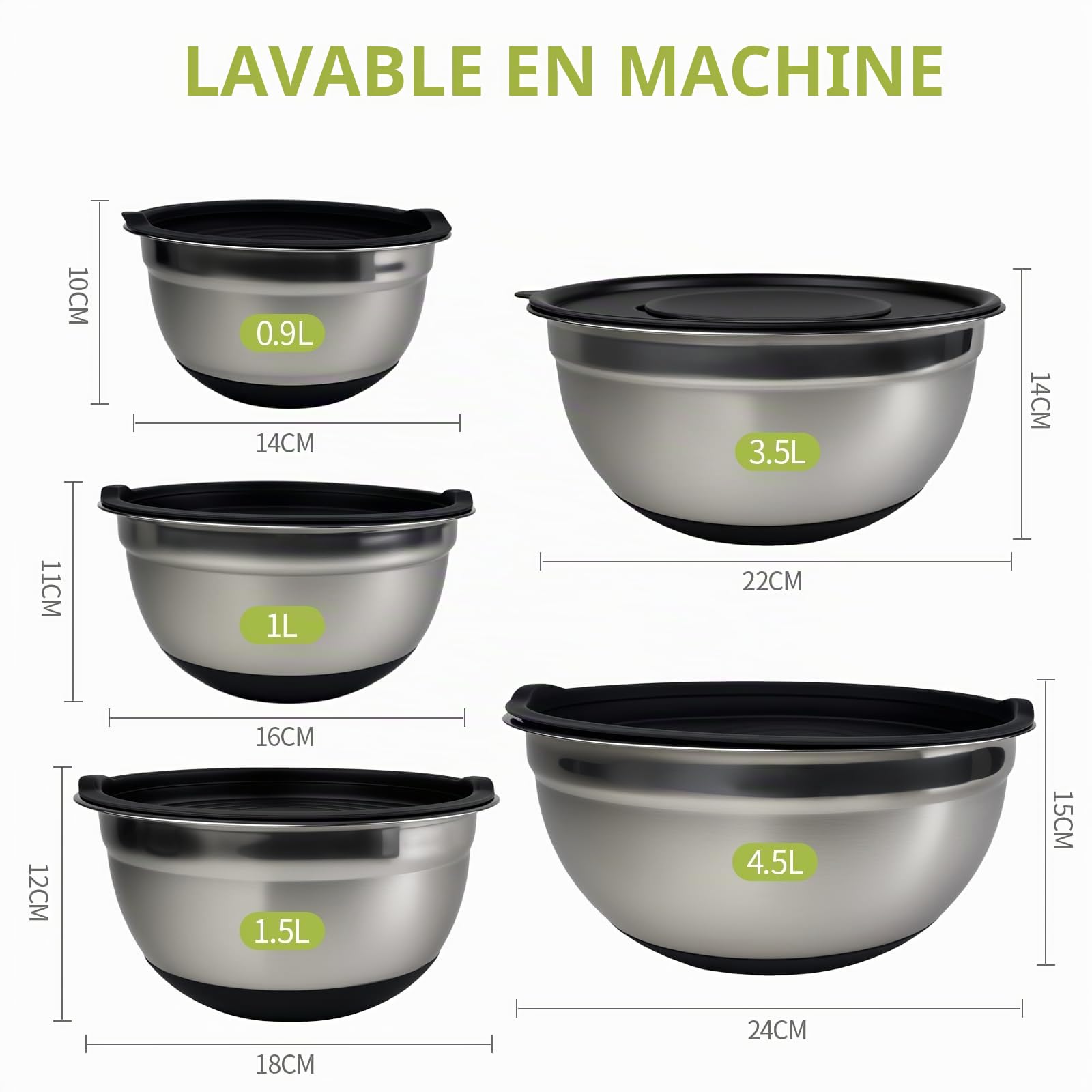 Lot de 5 Cul de Poule Inox avec Couvercle, 1L, 1.5L, 2L, 3L, 4.5L, Bowl de Mélange avec 3 Râpes, Saladier Empilables, AntidéRapant, Résistant, Lavable au Lave Vaisselle, pour Cuisine