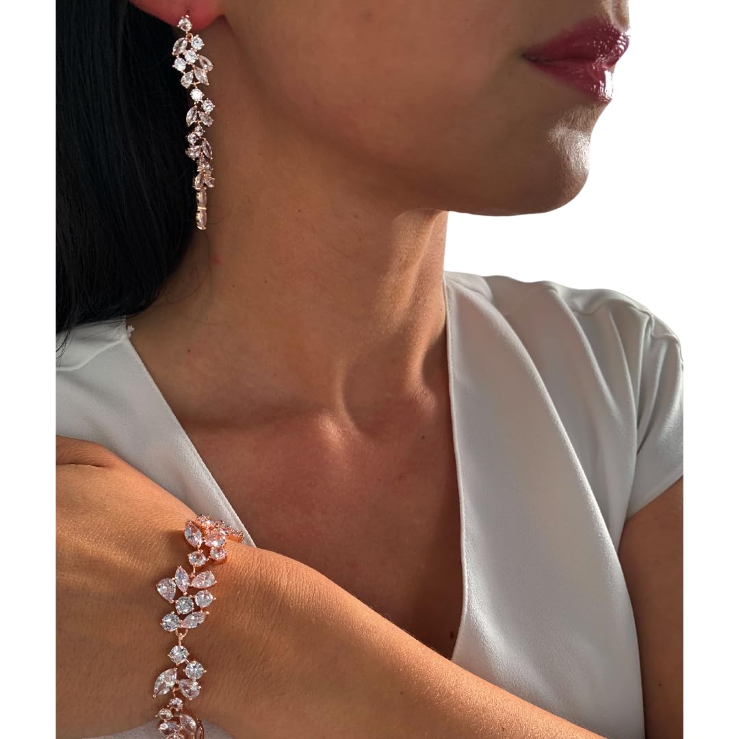 ONDEGO® Rosegold Armband Ohrringe Zirkonia Strass Schmuck Kette Schmuckset Kommunion Ball Abiball Hochzeit Brautschmuck (Ohrringe Rosegold)