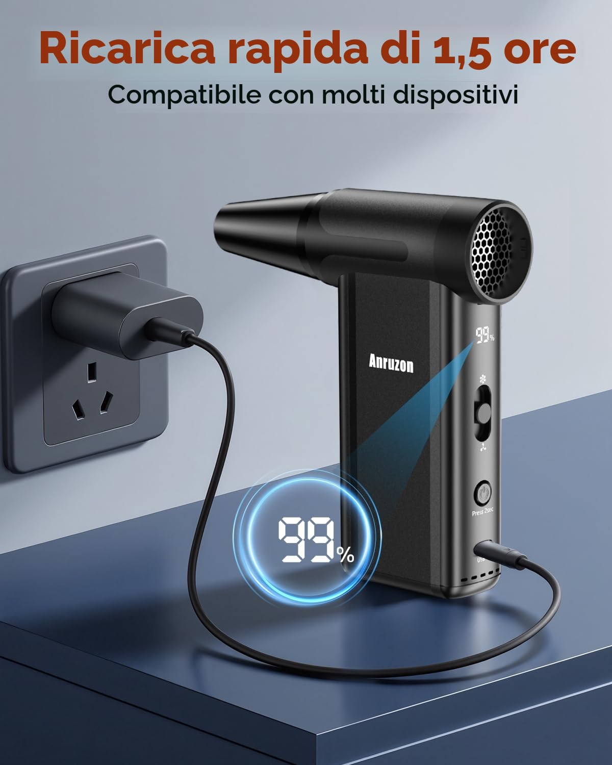 Soffiatore d'Aria Elettrico per Pulizia PC, Spray Aria Compressa 300000 RPM, 8 Velocità, Ricaricabile 7600mAh, Pulizia Tastiera, Elettronica, Interni Auto, Divano