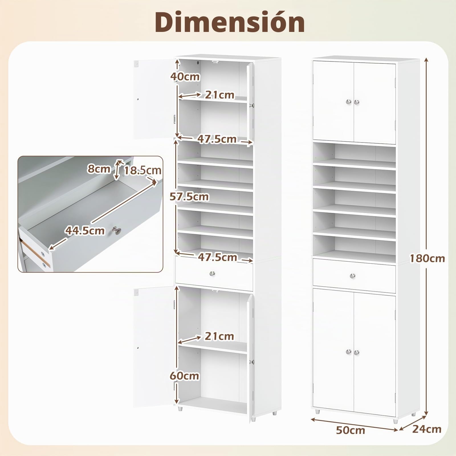 LIFEZEAL Armario de Baño Alto, Armario de Almacenamiento Compacto con 5 Compartimentos Abiertos, Cajón y Estantes Ajustables, para Baño y Sala de Estar, 50 x 24 x 180 cm