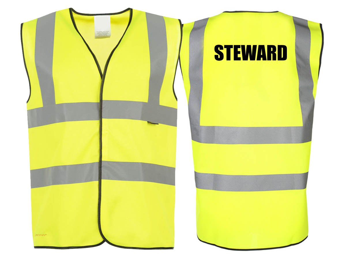 Workwear World 'Steward' Printed Hi Viz Visibility Velcro Fastening Waistcoat Work Safety Vest (Yellow, XL)