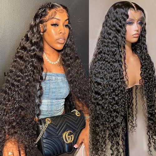 Image of SOEZ 28 Inch Deep Wave Lace Front Wigs Human Hair 13x4 HD Lace Front Wigs Human Hair Pre Plucked Wet Wavy Curly Human Hair Wig 180% Density Water Wave Glueless Frontal Wig with Baby Hair For Women