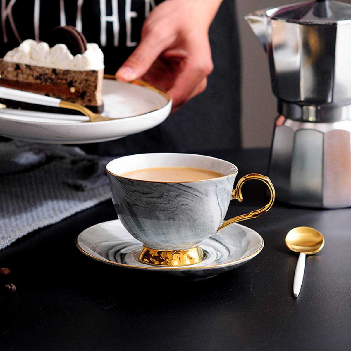 Juego de Taza y Platillo de Cerámica 250ml con Diseño Mármol Nórdico | Tazas Cafe con Plato, para Leche, Zumo, Café, Té, Chocolate Caliente, Agua y Otras Bebidas
