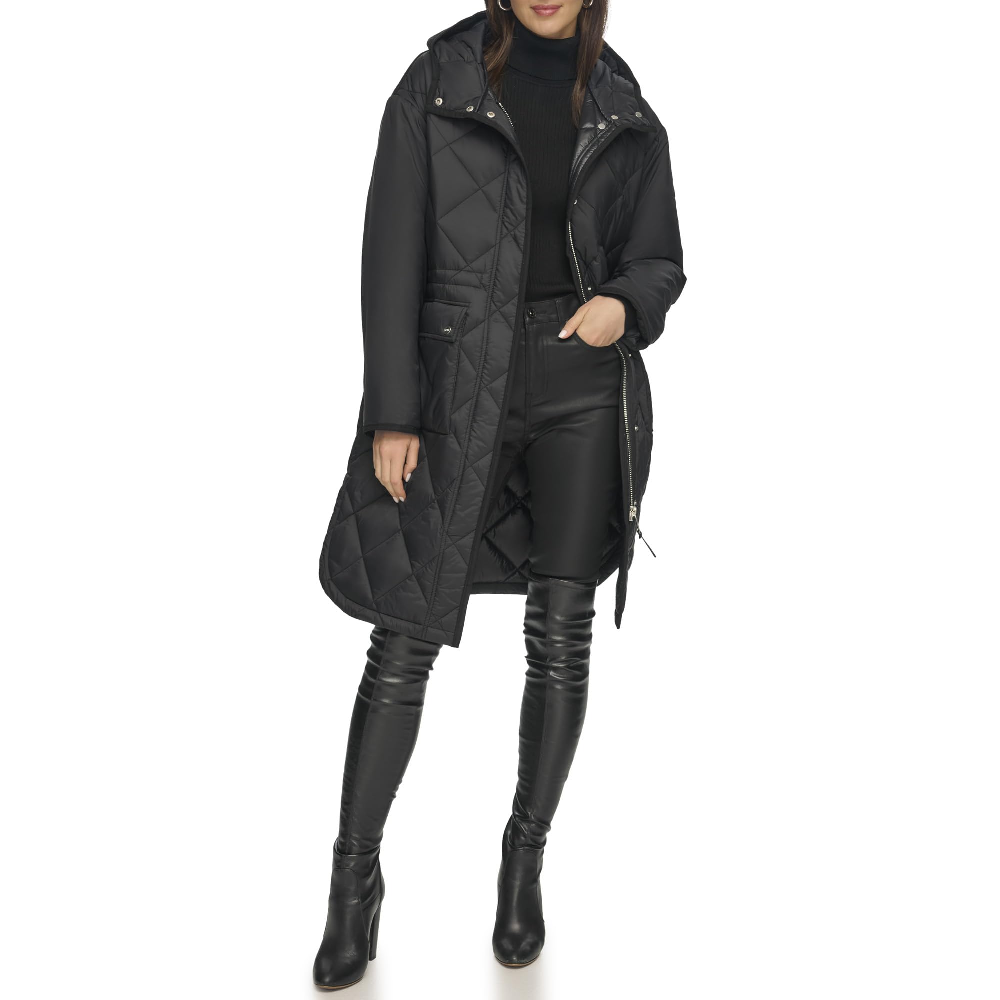 Dkny Women's Black Button Down Long Quilted Coat Quilt,
