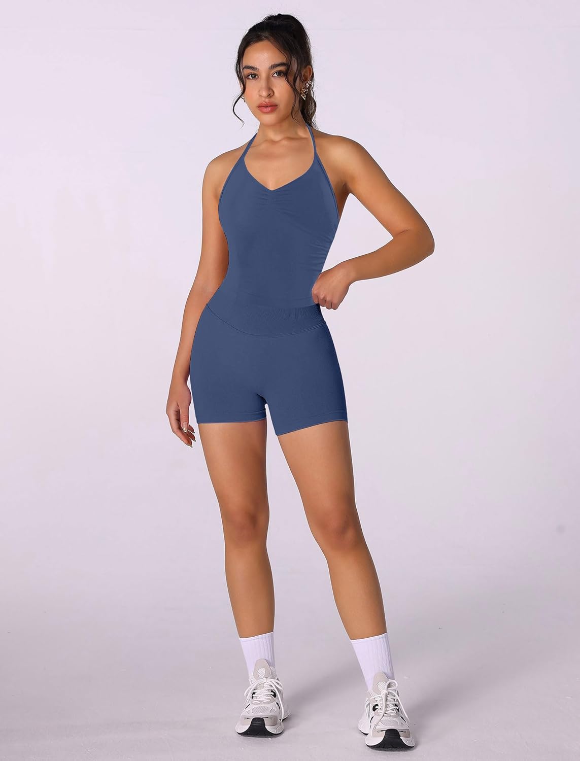 ABEHIK Workout Sets for Women 2 Piece Seamless Halter Sports Bra Tank Top High Waist Booty Lifting Shorts Gym Yoga Outfit