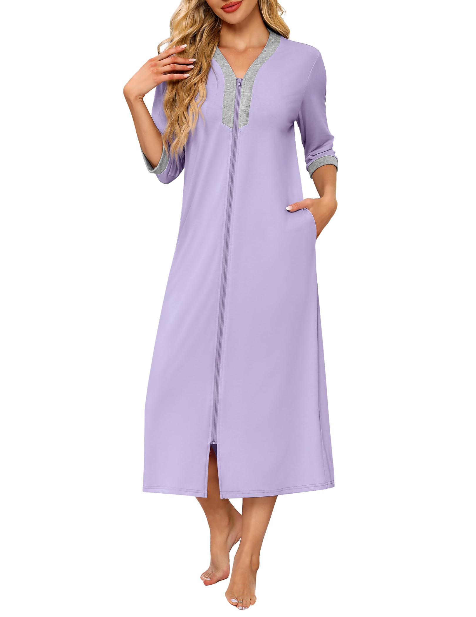 Ekouaer Womens Zipper Robe 3 4 Sleeves Housecoat Full Length Nightgown Soft Loungewear Robe with Pockets S-3XL