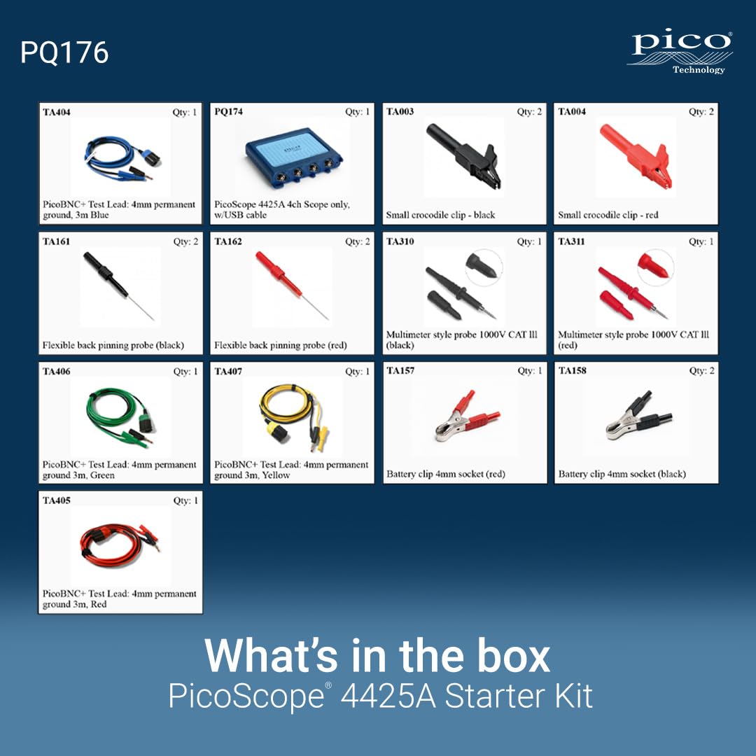 Pico Technology PicoScope 4425A osciloscopio de diagnóstico 4 Canales USB | Kit Básico, con accesorios, para vehículos automoción, PicoBNC+, ancho de banda de 20 MHz, con el software PicoScope 7