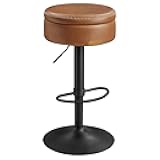 VASAGLE EKHO Collection - 360° Swivel Bar Stool, Height Adjustable Barstool with Storage, Synthetic Leather with Stitching, Mid-Century Modern, Kitchen Bar, Easy Assembly, Caramel Brown