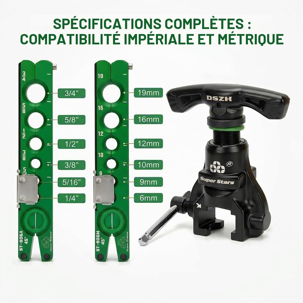 Kit d'outils d'évasement pour tubes de 0,6 cm à 1,9 cm - Kit d'outils d'évasement excentrique à 45° avec coupe-tuyau et outil d'ébavurage pour tuyaux en cuivre et aluminium - Réparation de