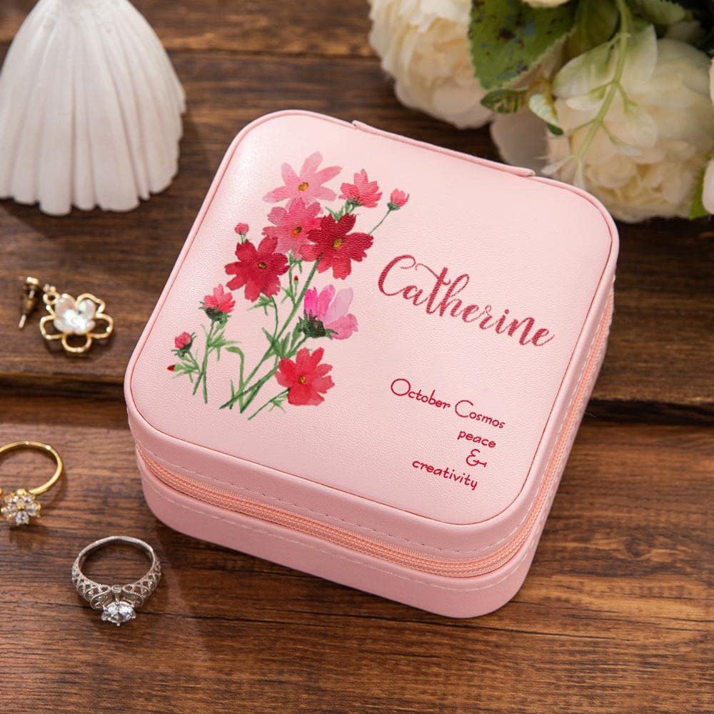 Personalized Leather Women's Travel Jewelry Case Box Engraved Name and Birth Flower,Personalized Case,Jewelry Organizer Case,Simple Box,Bridesmaids Gifts,Mom Birthday Gifts White LGS0005