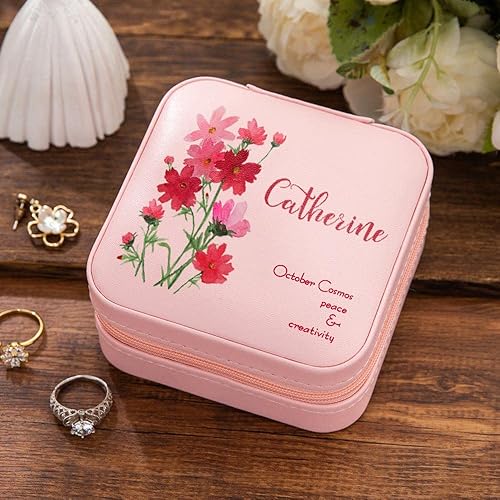 Miniatura 4 de Joyero de viaje de cuero personalizado para mujer, con nombre grabado y flor de nacimiento, funda personalizada, estuche organizador de joyas, caja