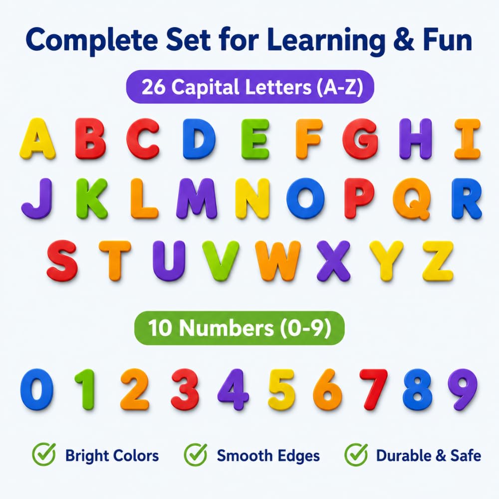 KITOY Alphabet and Number Magnets - 36 Total Magnets | 26 Upper Case Alphabet and 10 Number Fridge Magnets | Colorful ABC Educational Toy Set Preschool Learning Spelling & Counting