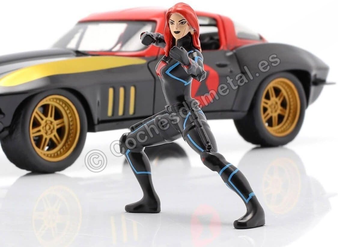 Marvel 1:24 1966 Chevy Corvette Die-cast Car with 2.75" Black Widow Figure, Toys for Kids and Adults