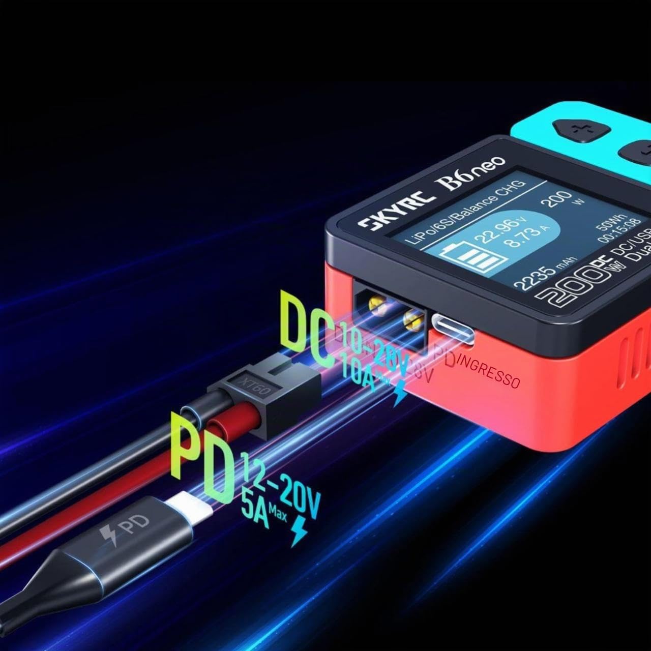 SKYRC B6Neo: Balance Lipo Caricabatteria per 1S-6S Lipo/Li-Ion/LiHV, 1-15S NiMH/NiCd Caricabatteria - DC 200W, PD 80W, Caricabatterie intelligente, Scarico e stoccaggio