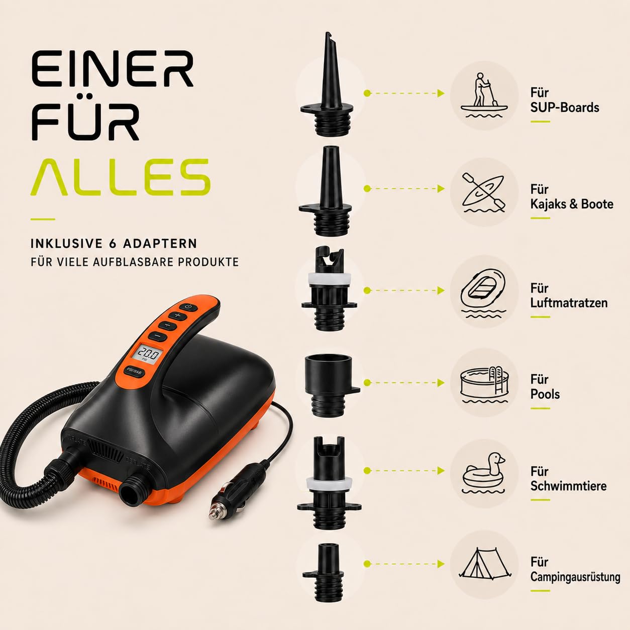 SkinStar elektrische SUP Board Pumpe 2-Stufen Kompressor Luftpumpe 20 PSI