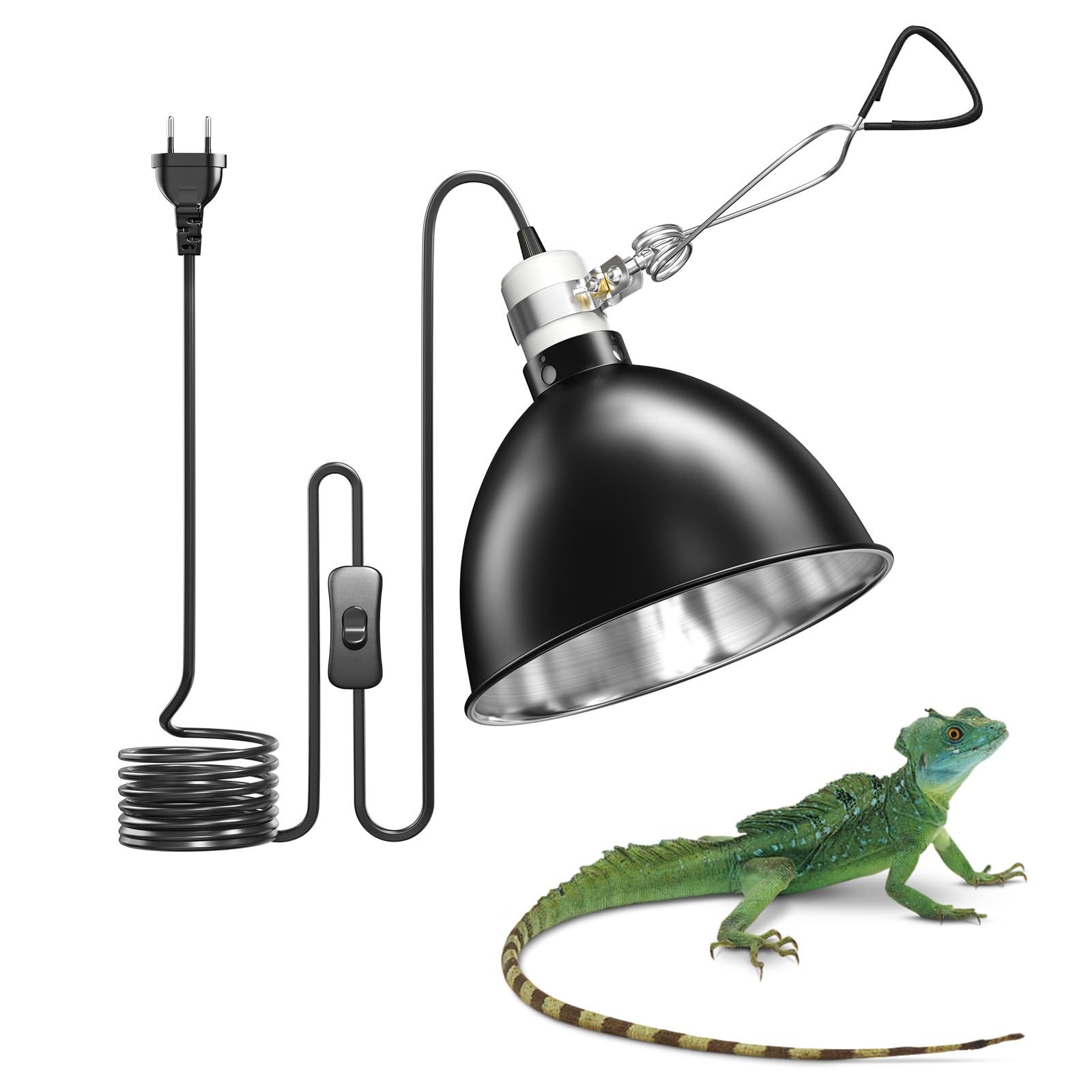 E27 Reptilien Terrarium Wärmelampenfassung 200W Dome Lampe 21CM Wärmelampen Schildkröten AC220-240V Reptilien Lampenschirm für Terrarium, Eidechsen, mit Haken und Klammern (Keine Glühbirne)