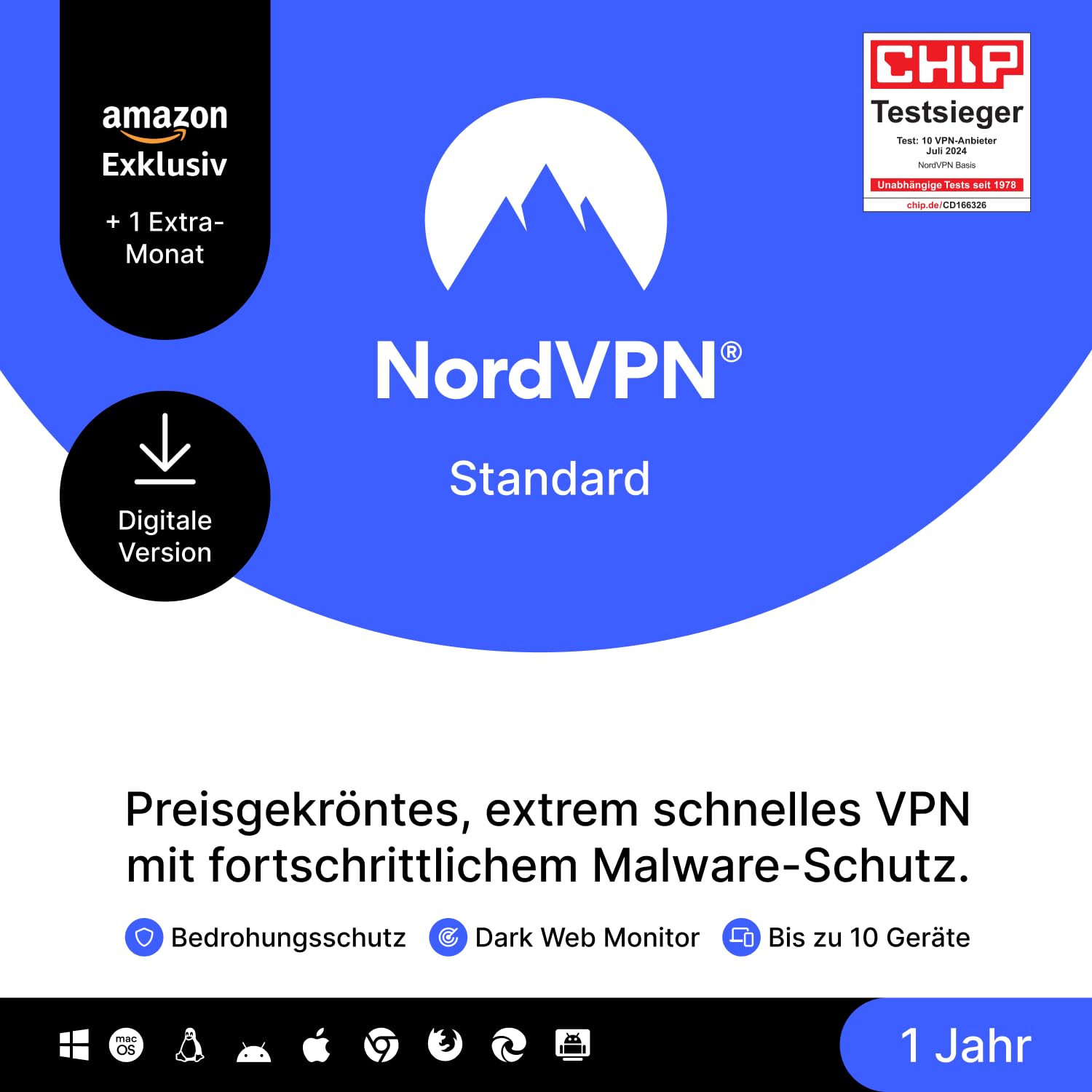 NordVPN Standard, Amazon Exklusiv, 10 Geräte, 1-Jahr + 1 Extra-Monat, Digitaler Code