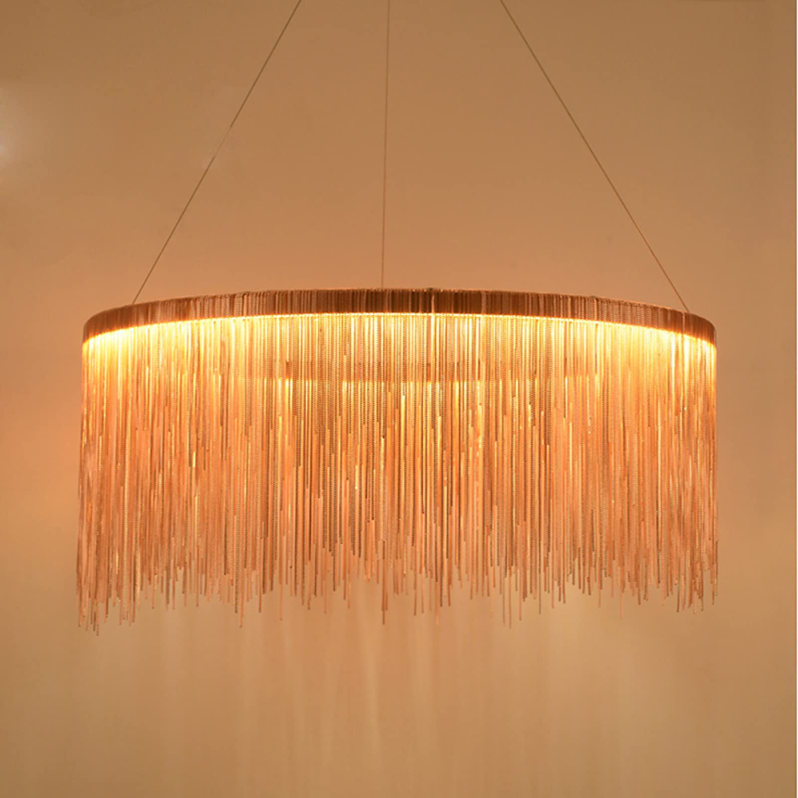 Tassel Round LED Pendant Light, Modern Chain Drum Chandelier Luxury Decorative Ceiling Lamp For Living Room, Hotel, Bedroom, Dining Room,Rose Gold+3 Color Lights-40cm 30W — image 1