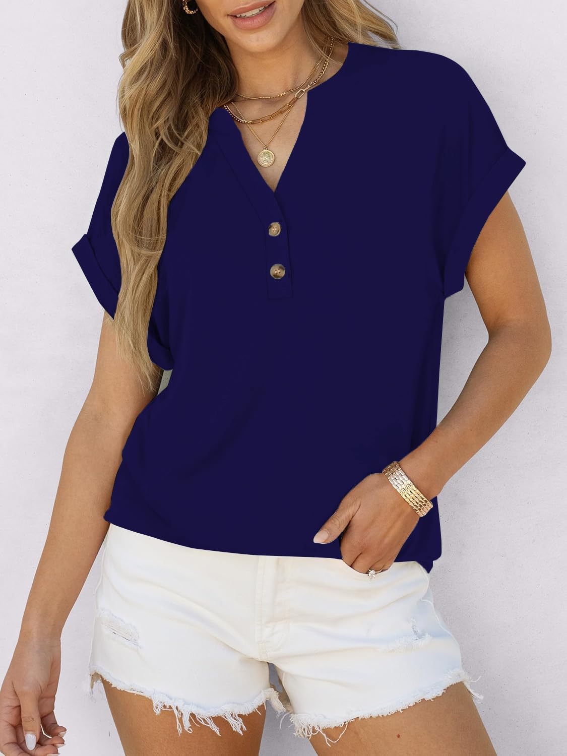 Cuptacc T-shirty Damska V-Wycięcie Oversize Koszula Damska Lato Krótki Rękaw Elegancka Z Listwa Guzikowa Top