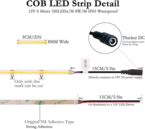 Miniatura 5 de JOYLIT Tira de luz LED COB de 12 V, impermeable, 20 pies, 19.7 ft, 2700 K, blanco cálido, CRI 93+ 320 LEDsM, cinta LED regulable uniforme uniforme