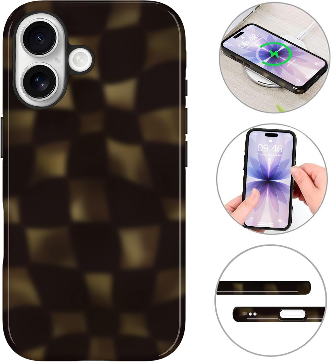 MZELQ Magnetic for iPhone 17 Case 6.3 in, Amber Black Brown Checkerboard Checkered Pattern [Compatible with Magsafe] 2 in 1 Glossy Shockproof Protection Hard Phone Cover for Women Men