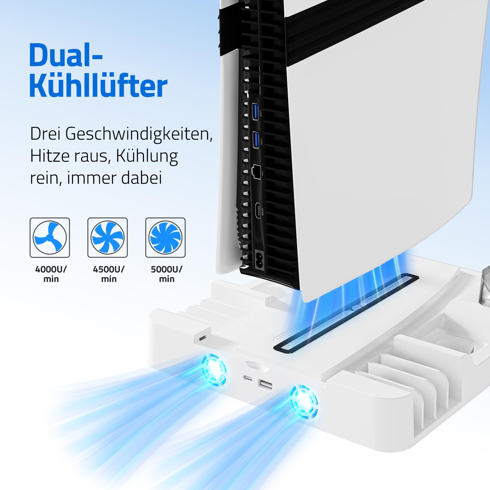 Kühlständer Kompatibel mit PS5 Pro/Slim/PlayStation 5 Disc & Digital - Vertikale Kühlstation mit Controller-Ladegerät für PS5 Zubehör - 3-stufige Lüfter-LED-Beleuchtung - Weiß0