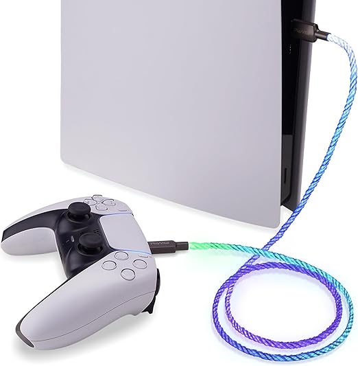 PlayVital 6.56FT Illuminated Charging Cable for ps5 Controller, USB Type C Charging Cord for Gamepad, Universal LED Light Up Data Cord for Xbox Core/Elite Series 2 / Switch Pro Controller