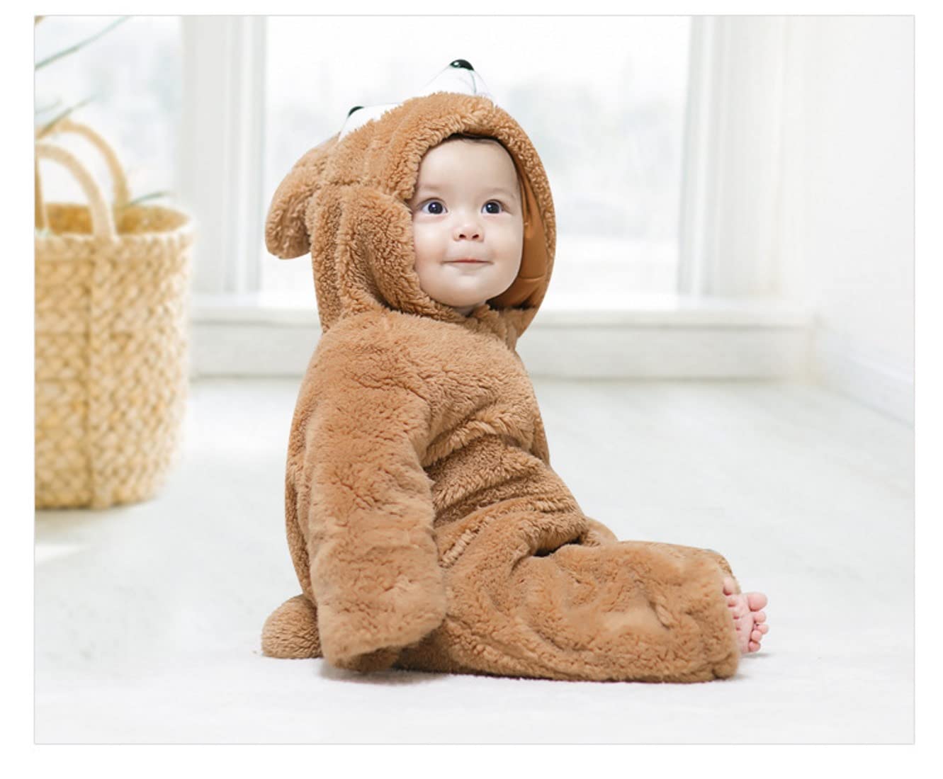 BRANDONN Unisex Baby Flannel Jumpsuit Panda Style Cosplay Clothes Bunting Outfits Snowsuit Hooded Romper Outwear (Camel TeddyBear, 12-18 Months) 2