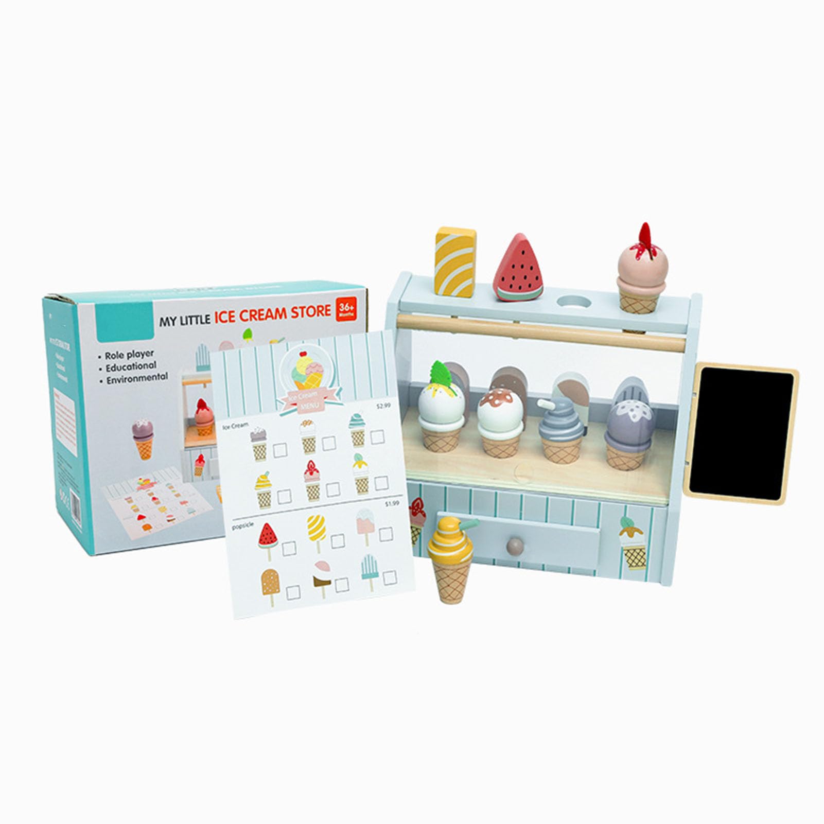 Set di Gioco del Negozio di Gelato in Legno, Stand di Gelati e Ghiaccioli da Gioco con Accessori