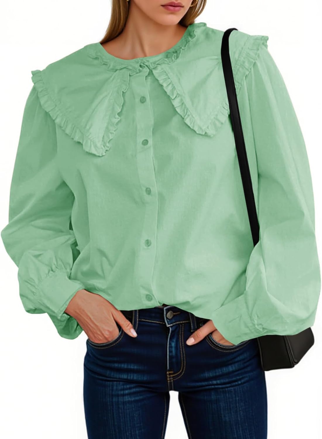 Tankaneo Womens Button Down Shirts Cotton Puff Sleeve Babydoll Blouse Fall Casual Doll Collar Tops