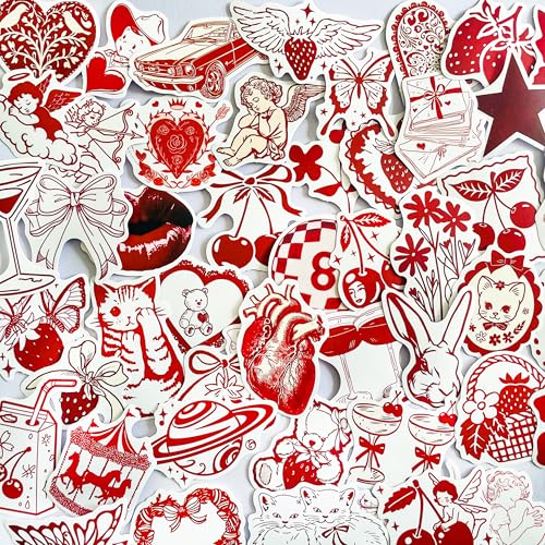 50 Retro Red Stickers Pack – Cute Heart, Cherry, Strawberry, Butterfly, Angel, Cat, and Love – Vintage Hand-Drawn Illustrations for Laptops, Water Bottles, Journals, Scrapbooks & Valentines Gifts
