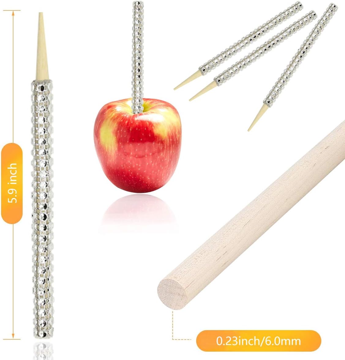 24-Pack Bling Candy Apple Sticks and Bags, Clear Caramel Apple Kit, Silver