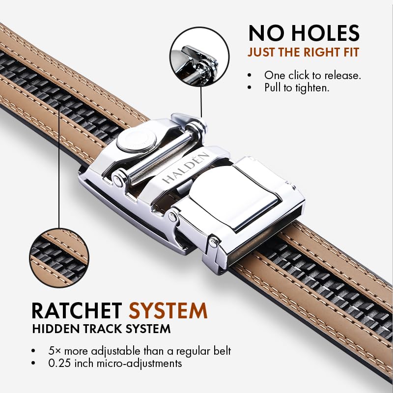 Image of HALDEN THEO Tan Belt For Men Leather Original (Adjustable Fits Up to 44 Inch Waist) Ratchet Strap with Classic Buckle & Magnetic Auto-lock