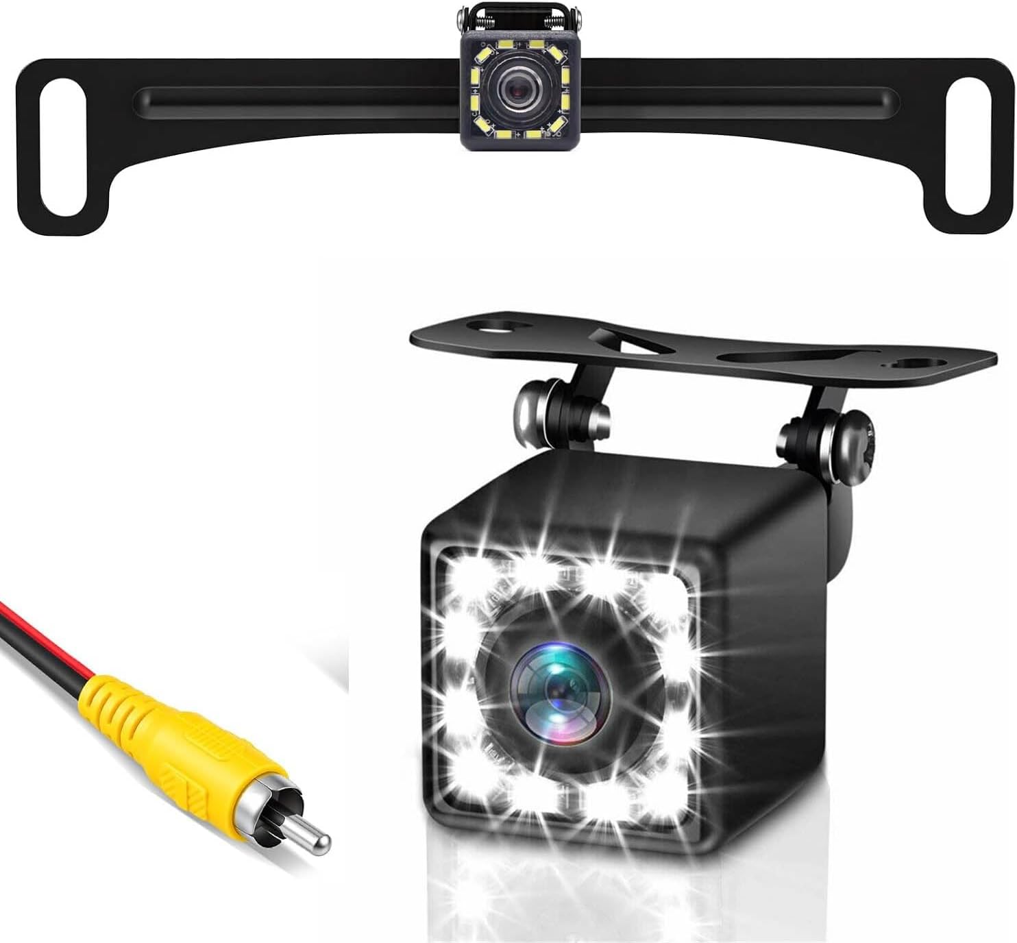Backup Camera with License Plate Bracket Rear View for Car, 12LED Night Vision Waterproof Rearview Universal Reverse Cam Kit for Vehicle, Cars, SUVs, Trucks, Pickups, RVs, No Drilling