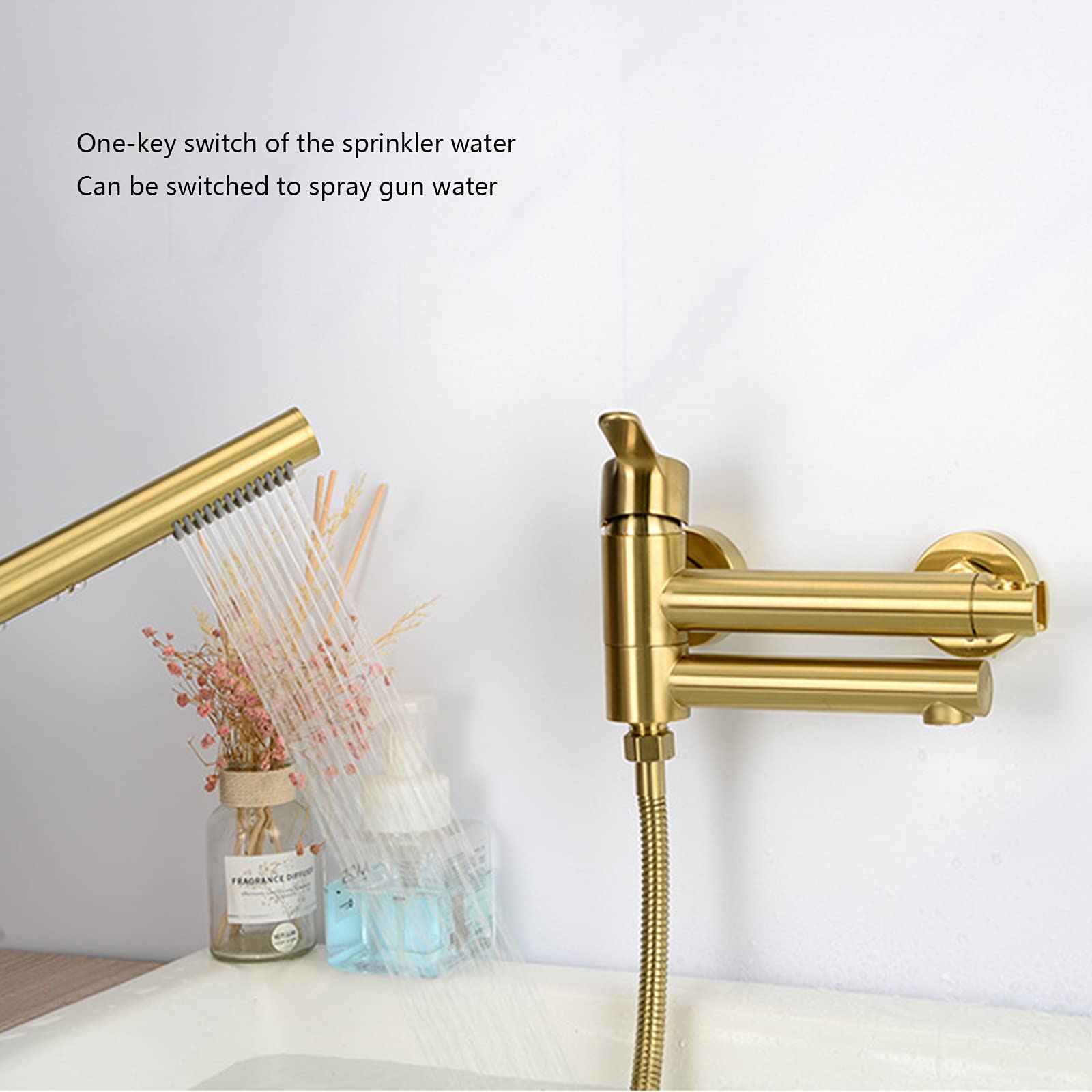 Copper Bathtub Faucet, Can Swing Hot and Cold Water Mixer Tap, Wall-Mounted Single Handle Bathroom Shower Faucet Set, Brushed Gold