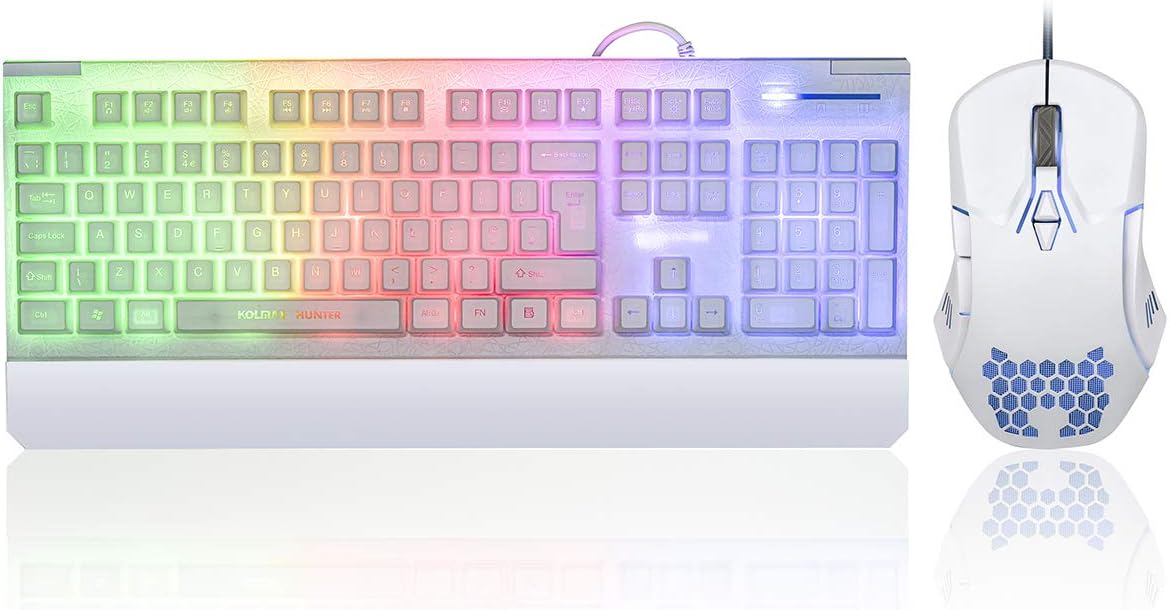 White Gaming Keyboard and Mouse Combo Colorful lights Rainbow LED Backlit Keyboard with Ergonomic Detachable Wrist Rest, Programmable 3200 DPI 7 Button Gaming Mouse for Windows PC Mac Office/Gaming