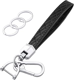 OHKYOOT Leather Wristlet Keychain for Home Car Keys (Black Silver) | Key Fob Keychain, Car Key Chain with 3 Key Ring and Anti-Lost D Ring for Women Men,Wrist Lanyard