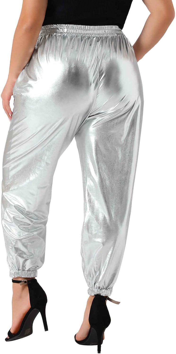Agnes Orinda Plus Size Jogger Pants for Women Metallic Shiny High Waist Stretchy Wear Holographic Trousers Sweatpant - Image 4
