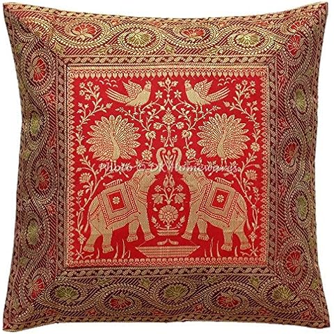 DK Homewares Boho Decorative Sofa Throw Pillowcase 16 x 16 Inch Brocade Jacquard Elephant Ethnic Square Couch Cushion Cover (Size - 40x40 cm ; Color: Rust & Gold) - 1 Pcs (Cover Only) Cover