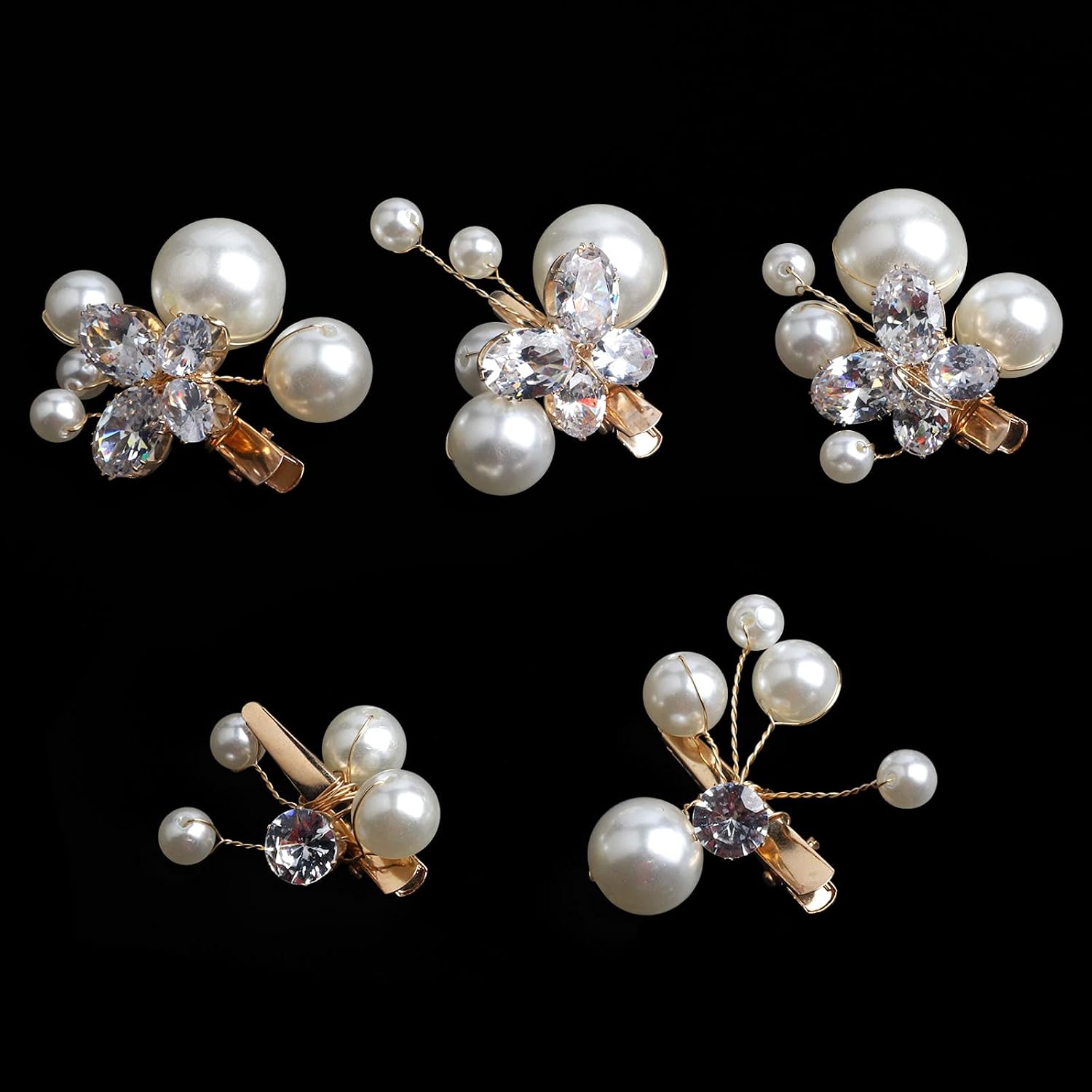 Small Pearl Alligator Hair Clips - Sparkly Rhinestone Butterfly Hair Accessories for Bridal, Women and Girls in Wedding Prom, Set of 5